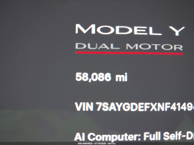 Auction sale of the 2022 Tesla Model Y Performance Dual Motor All-wheel Drive, vin: 7SAYGDEFXNF414949, lot number: 45564629