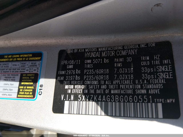 45564643 :رقم المزاد ، 5XYZK4AG3BG060551 vin ، 2011 Hyundai Santa Fe Limited V6 مزاد بيع