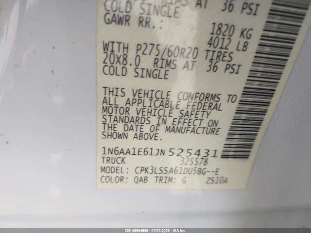 45564655 :رقم المزاد ، 1N6AA1E61JN525431 vin ، 2018 Nissan Titan Sv مزاد بيع