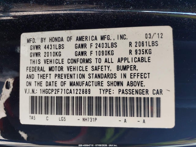 Продаж на аукціоні авто 2012 Honda Accord Ex, vin: 1HGCP2F71CA122889, номер лоту: 45564715