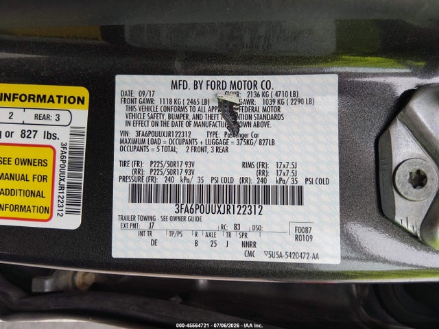 3FA6P0UUXJR122312 Ford Fusion Hybrid S