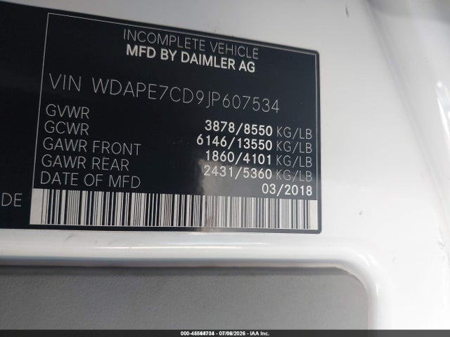 2018 Mercedes-benz Sprinter 2500 Standard Roof V6 მანქანა იყიდება აუქციონზე, vin: WDAPE7CD9JP607534, აუქციონის ნომერი: 45564734