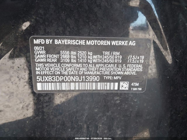 45564748 :رقم المزاد ، 5UX83DP00N9J13990 vin ، 2022 Bmw X3 M40i مزاد بيع