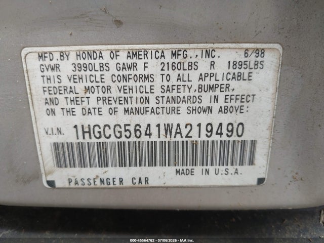 Продажа на аукционе авто 1998 Honda Accord Lx, vin: 1HGCG5641WA219490, номер лота: 45564762