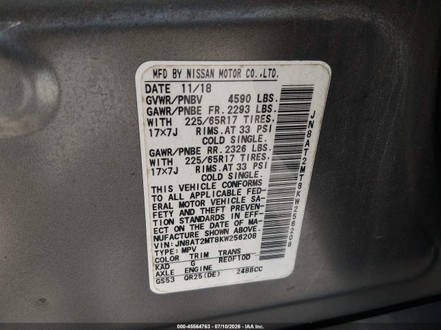Продаж на аукціоні авто 2019 Nissan Rogue Sv, vin: JN8AT2MT8KW256208, номер лоту: 45564763