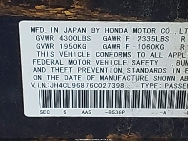 2006 Acura Tsx მანქანა იყიდება აუქციონზე, vin: JH4CL96876C027398, აუქციონის ნომერი: 45564769