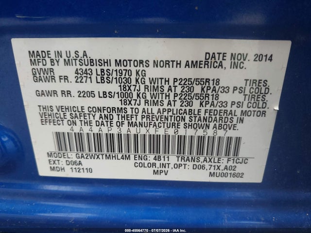 Aukcja sprzedaży 2015 Mitsubishi Outlander Sport Es, vin: 4A4AP3AUXFE017587, numer aukcji: 45564770