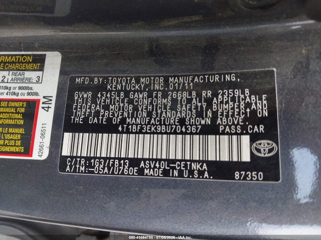 Продаж на аукціоні авто 2011 Toyota Camry Le, vin: 4T1BF3EK9BU704367, номер лоту: 45564795