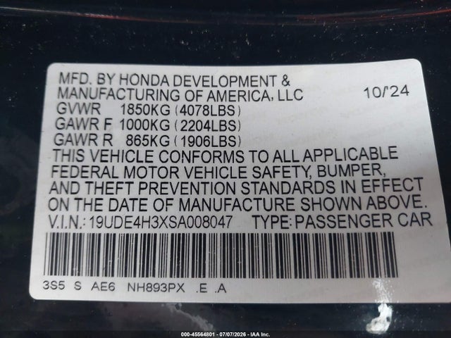 45564801 :رقم المزاد ، 19UDE4H3XSA008047 vin ، 2025 Acura Integra A-spec مزاد بيع