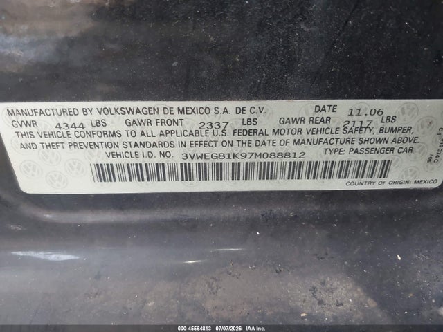 Aukcja sprzedaży 2007 Volkswagen Jetta Wolfsburg Edition, vin: 3VWEG81K97M088812, numer aukcji: 45564813