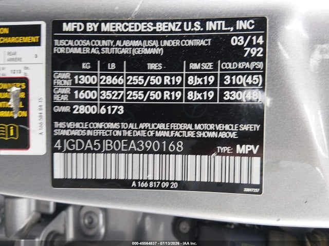 45564837 :رقم المزاد ، 4JGDA5JB0EA390168 vin ، 2014 Mercedes-benz Ml 350 مزاد بيع