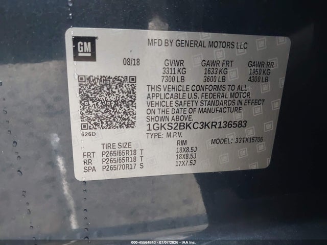 2019 Gmc Yukon Slt მანქანა იყიდება აუქციონზე, vin: 1GKS2BKC3KR136583, აუქციონის ნომერი: 45564843