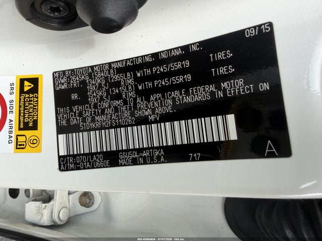 45564854 :رقم المزاد ، 5TDYKRFH2FS110262 vin ، 2015 Toyota Highlander Limited Platinum V6 مزاد بيع