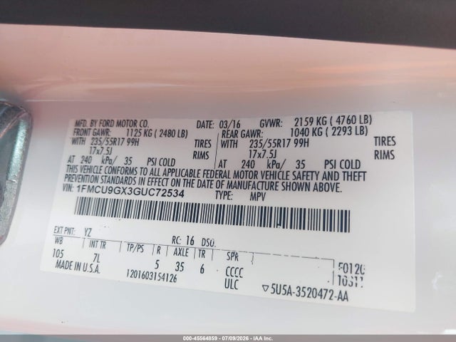 Aukcja sprzedaży 2016 Ford Escape Se, vin: 1FMCU9GX3GUC72534, numer aukcji: 45564859
