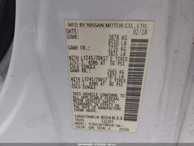 Продажа на аукционе авто 2018 Nissan Nv Cargo Nv1500 Sv V6, vin: 1N6BF0KMXJN804833, номер лота: 45564885