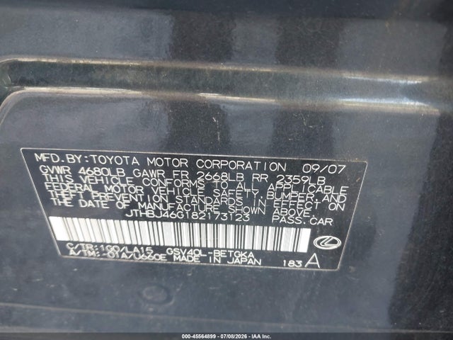 45564899 :رقم المزاد ، JTHBJ46G182173123 vin ، 2008 Lexus Es 350 مزاد بيع