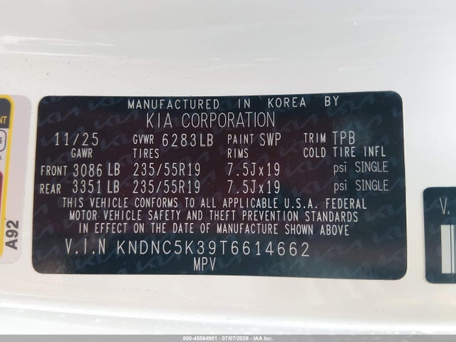 Продажа на аукционе авто 2026 Kia Carnival Mpv Ex, vin: KNDNC5K39T6614662, номер лота: 45564901