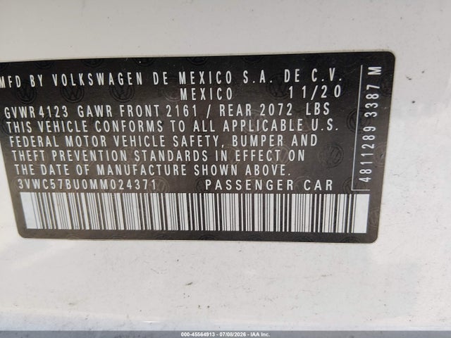 45564913 :رقم المزاد ، 3VWC57BU0MM024371 vin ، 2021 Volkswagen Jetta 1.4t R-line/1.4t Se/s مزاد بيع