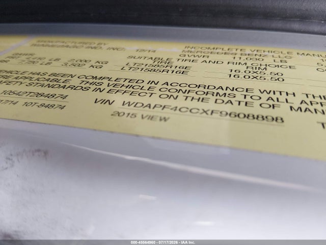 45564960 :رقم المزاد ، WDAPF4CCXF9608898 vin ، 2015 Mercedes-benz Sprinter 3500 مزاد بيع