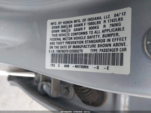 2012 Honda Civic Lx მანქანა იყიდება აუქციონზე, vin: 19XFB2F51CE065275, აუქციონის ნომერი: 45564962