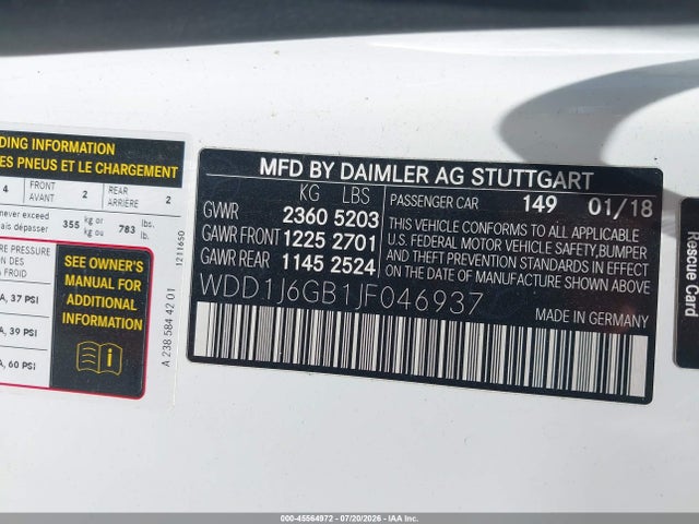 2018 Mercedes-benz E 400 4matic მანქანა იყიდება აუქციონზე, vin: WDD1J6GB1JF046937, აუქციონის ნომერი: 45564972