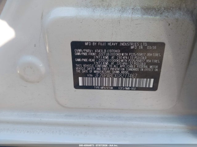 Aukcja sprzedaży 2016 Subaru Crosstrek 2.0i Premium, vin: JF2GPABCXG8277467, numer aukcji: 45564973