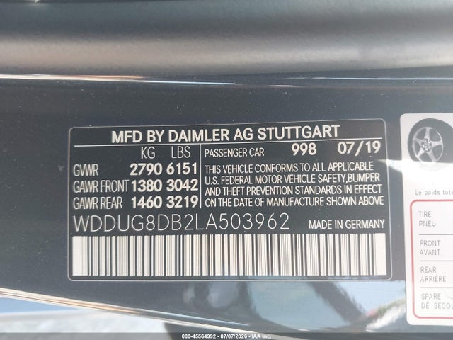 45564992 :رقم المزاد ، WDDUG8DB2LA503962 vin ، 2020 Mercedes-benz S 560 مزاد بيع