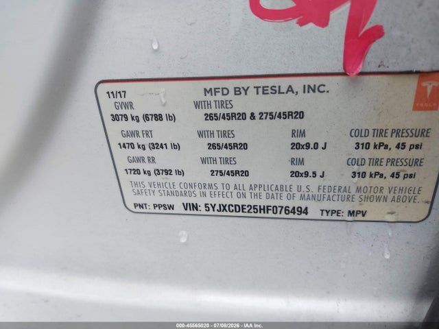Tesla Model X 100d/75d/90d 2017 5YJXCDE25HF076494 Image 9