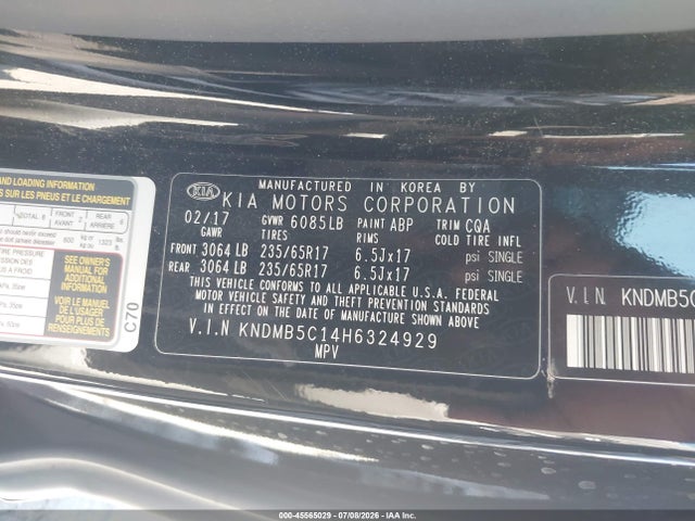 Продажа на аукционе авто 2017 Kia Sedona Lx, vin: KNDMB5C14H6324929, номер лота: 45565029
