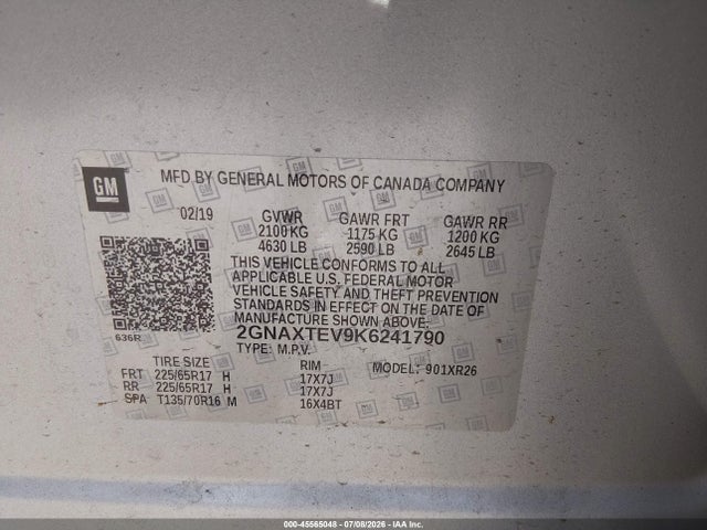 45565048 :رقم المزاد ، 2GNAXTEV9K6241790 vin ، 2019 Chevrolet Equinox Lt مزاد بيع