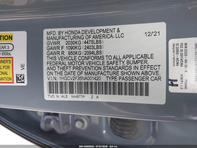 45565049 :رقم المزاد ، 1HGCV2F35NA001420 vin ، 2022 Honda Accord Sport 2.0t مزاد بيع