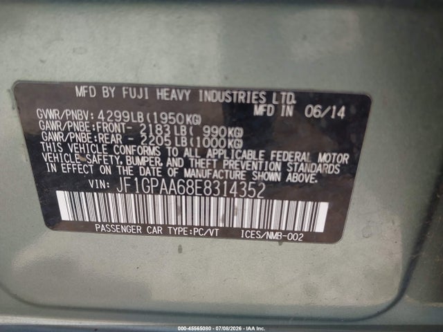 45565080 :رقم المزاد ، JF1GPAA68E8314352 vin ، 2014 Subaru Impreza 2.0i مزاد بيع