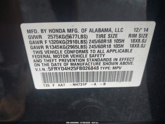 45565096 :رقم المزاد ، 5FRYD4H25FB026848 vin ، 2015 Acura Mdx مزاد بيع