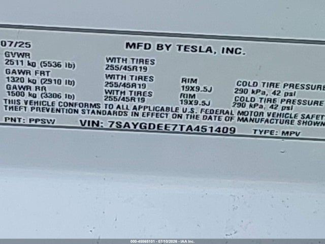 Продажа на аукционе авто 2026 Tesla Model Y All-wheel Drive/long Range Launch Series/premium All-wheel Drive, vin: 7SAYGDEE7TA451409, номер лота: 45565101