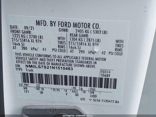 45565102 :رقم المزاد ، NM0LS7S21N1510483 vin ، 2022 Ford Transit Connect Xl مزاد بيع