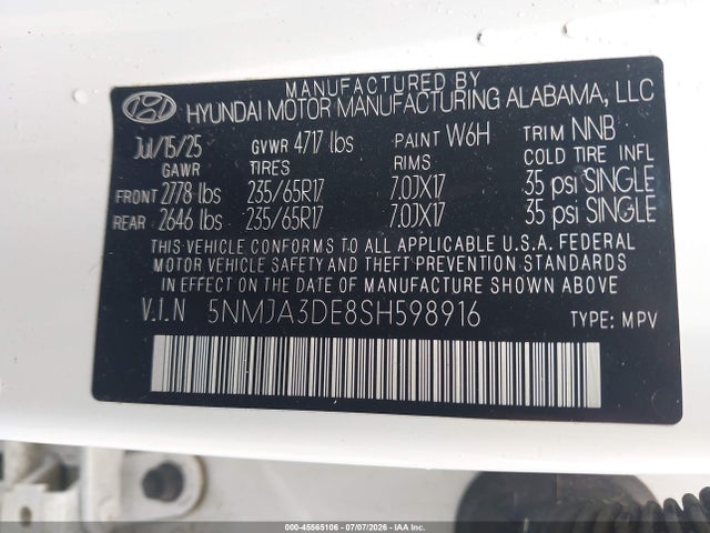 Продаж на аукціоні авто 2025 Hyundai Tucson Se, vin: 5NMJA3DE8SH598916, номер лоту: 45565106