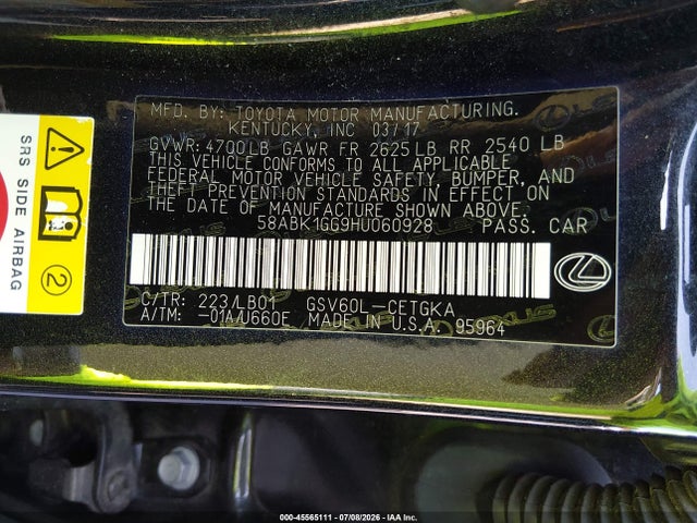 Продаж на аукціоні авто 2017 Lexus Es 350, vin: 58ABK1GG9HU060928, номер лоту: 45565111