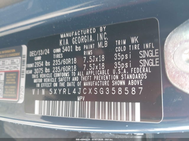 45565128 :رقم المزاد ، 5XYRL4JCXSG358587 vin ، 2025 Kia Sorento S مزاد بيع