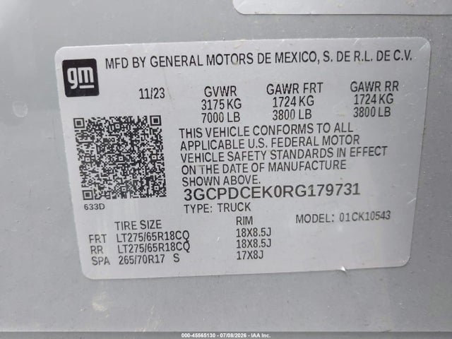 Auction sale of the 2024 Chevrolet Silverado 1500 4wd  Short Bed Custom Trail Boss, vin: 3GCPDCEK0RG179731, lot number: 45565130