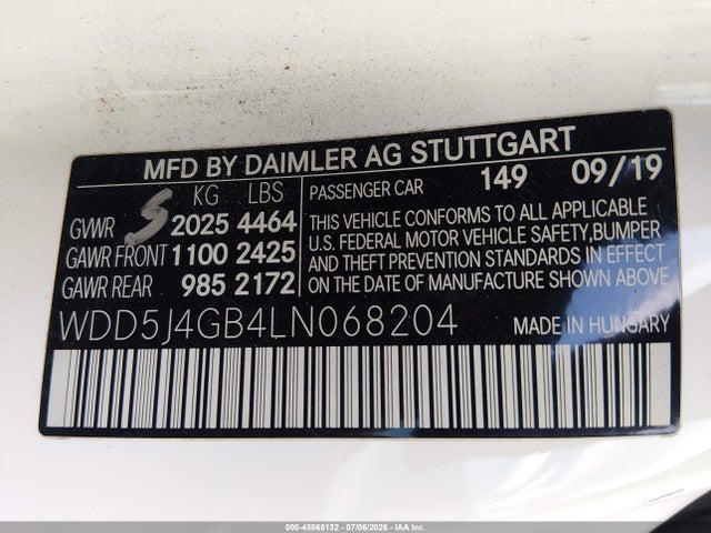 2020 Mercedes-benz Cla 250 მანქანა იყიდება აუქციონზე, vin: WDD5J4GB4LN068204, აუქციონის ნომერი: 45565132