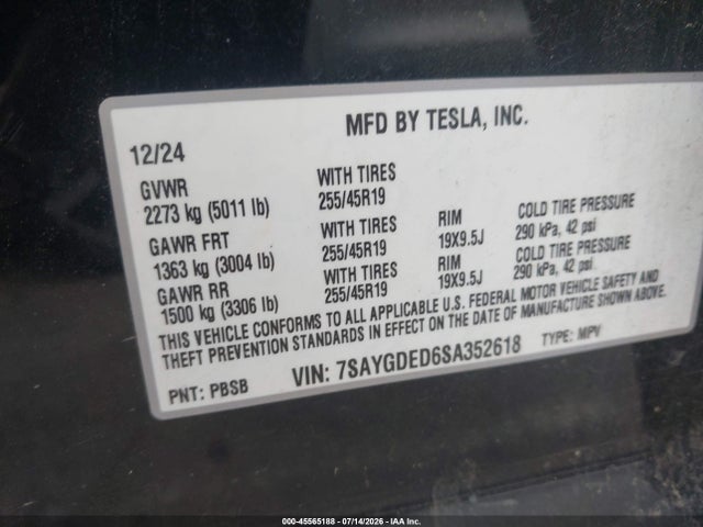Продаж на аукціоні авто 2025 Tesla Model Y Long Range Dual Motor Rear-wheel Drive, vin: 7SAYGDED6SA352618, номер лоту: 45565188