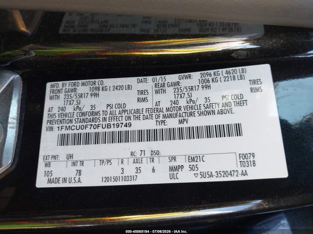 Ford ESCAPE S 2015 1FMCU0F70FUB19749 Image 9