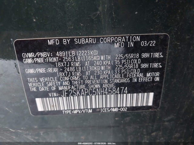 Aukcja sprzedaży 2022 Subaru Forester Limited, vin: JF2SKAPC5NH458474, numer aukcji: 45565202