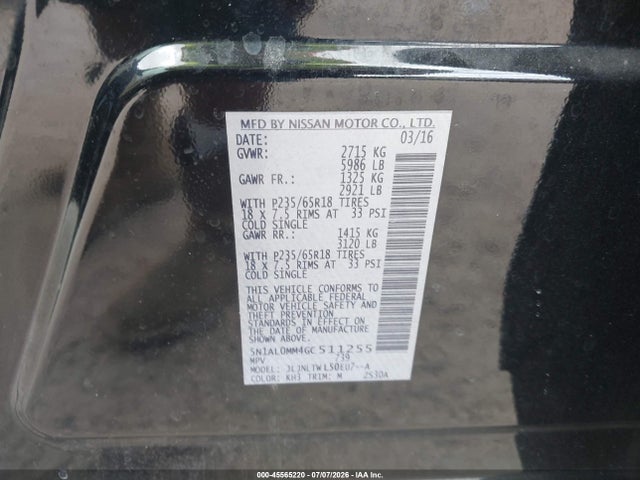 45565220 :رقم المزاد ، 5N1AL0MM4GC511255 vin ، 2016 Infiniti Qx60 مزاد بيع