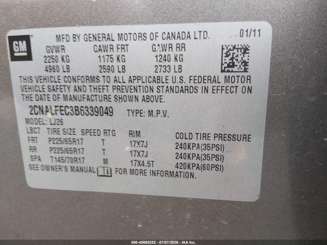 45565252 :رقم المزاد ، 2CNALFEC3B6339049 vin ، 2011 Chevrolet Equinox Ltz مزاد بيع