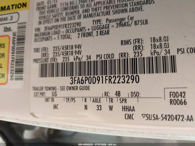 2015 Ford Fusion Titanium მანქანა იყიდება აუქციონზე, vin: 3FA6P0D91FR223290, აუქციონის ნომერი: 45565253