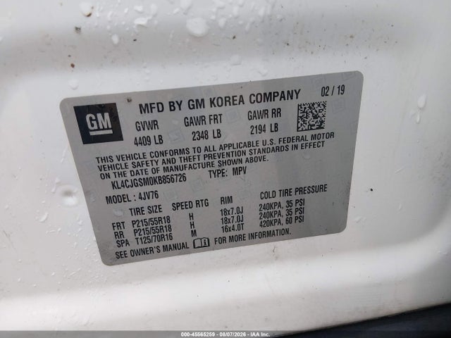 45565259 :رقم المزاد ، KL4CJGSM0KB856726 vin ، 2019 Buick Encore Awd Essence مزاد بيع