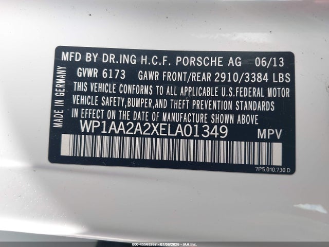 45565267 :رقم المزاد ، WP1AA2A2XELA01349 vin ، 2014 Porsche Cayenne مزاد بيع