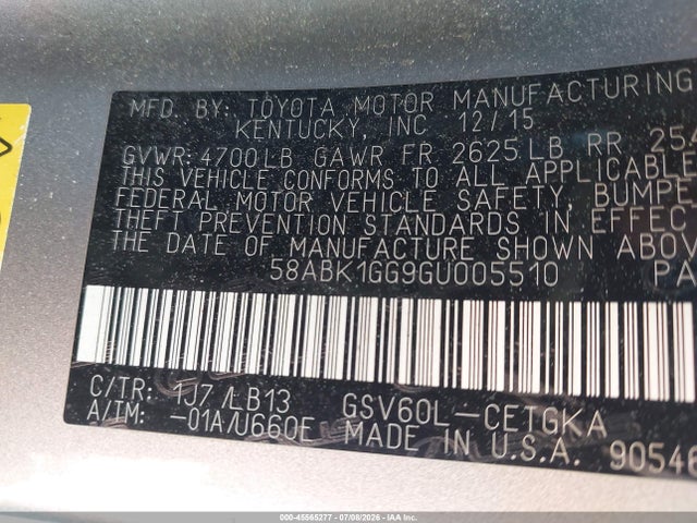 Продаж на аукціоні авто 2016 Lexus Es 350, vin: 58ABK1GG9GU005510, номер лоту: 45565277