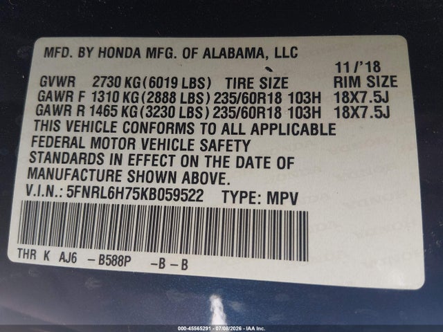 Продажа на аукционе авто 2019 Honda Odyssey Ex-l, vin: 5FNRL6H75KB059522, номер лота: 45565291